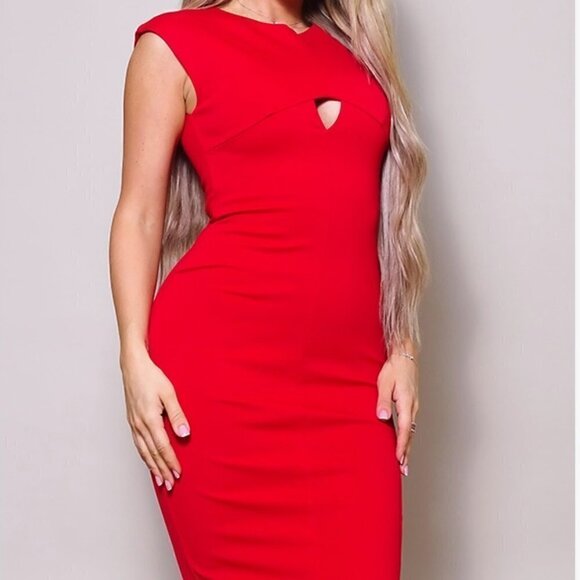 Cefian Fashion Women’s Red Cutout Short Sleeve Midi Stretch Keyhole Dress - Picture 6 of 9